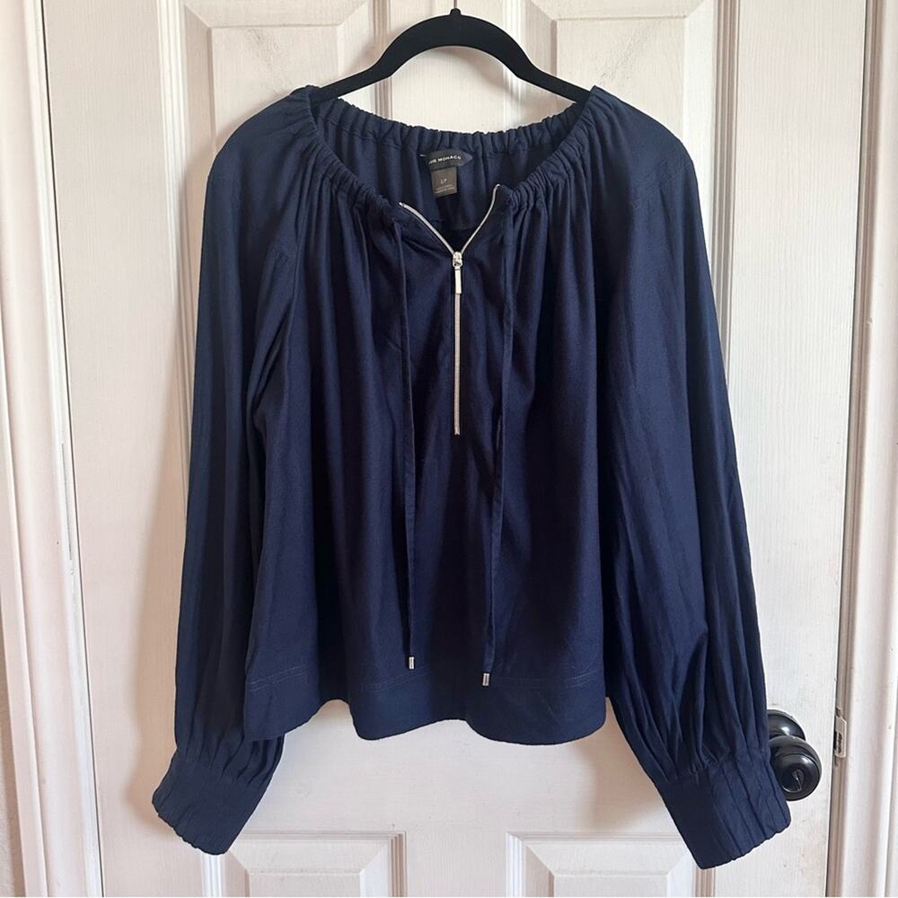 Club Monaco Navy Caprice Puff-Sleeve Peasant Zippered Blouse Size Small